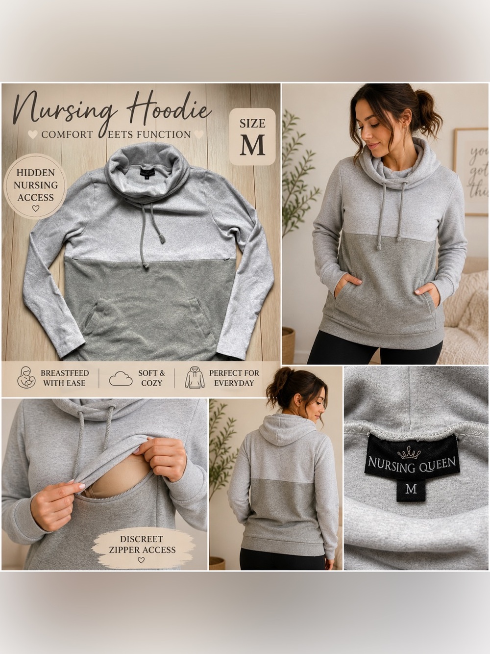 Nursing Queen Gray Cowl Neck Nursing Hoodie Size M Hidden Zipper Pullover